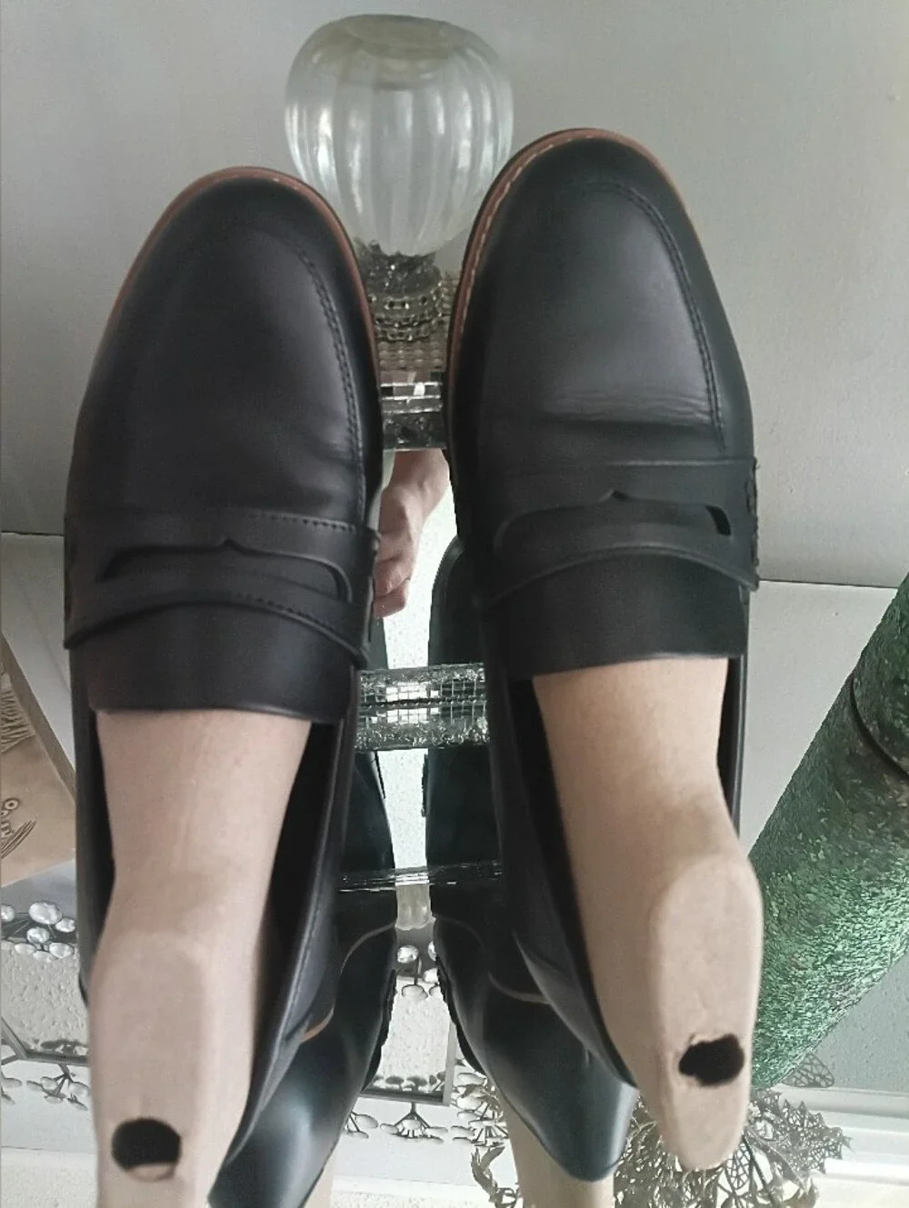 Vionic Black Leather Penny Loafers with Brown Trim